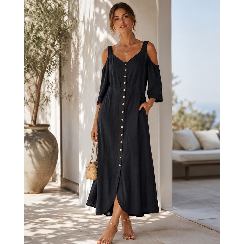 Soft Surroundings Black Tencel Cold Shoulder Midi Dress Button Front Large 28882